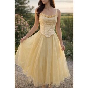 Vintage90s Butter Yellow Floral Corset Tulle Princess Gown Fairycore Dress 11/12